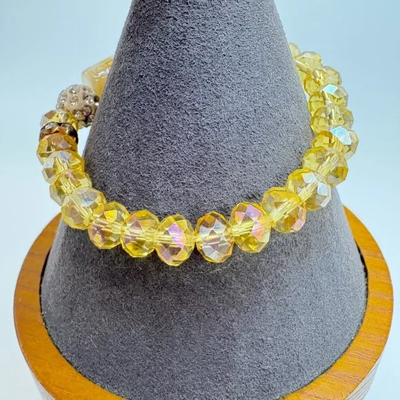 Gemstone Yellow Glass Bead White Crystal Rondel Stretch Bracelet Fashion One SZ - Picture 5 of 10